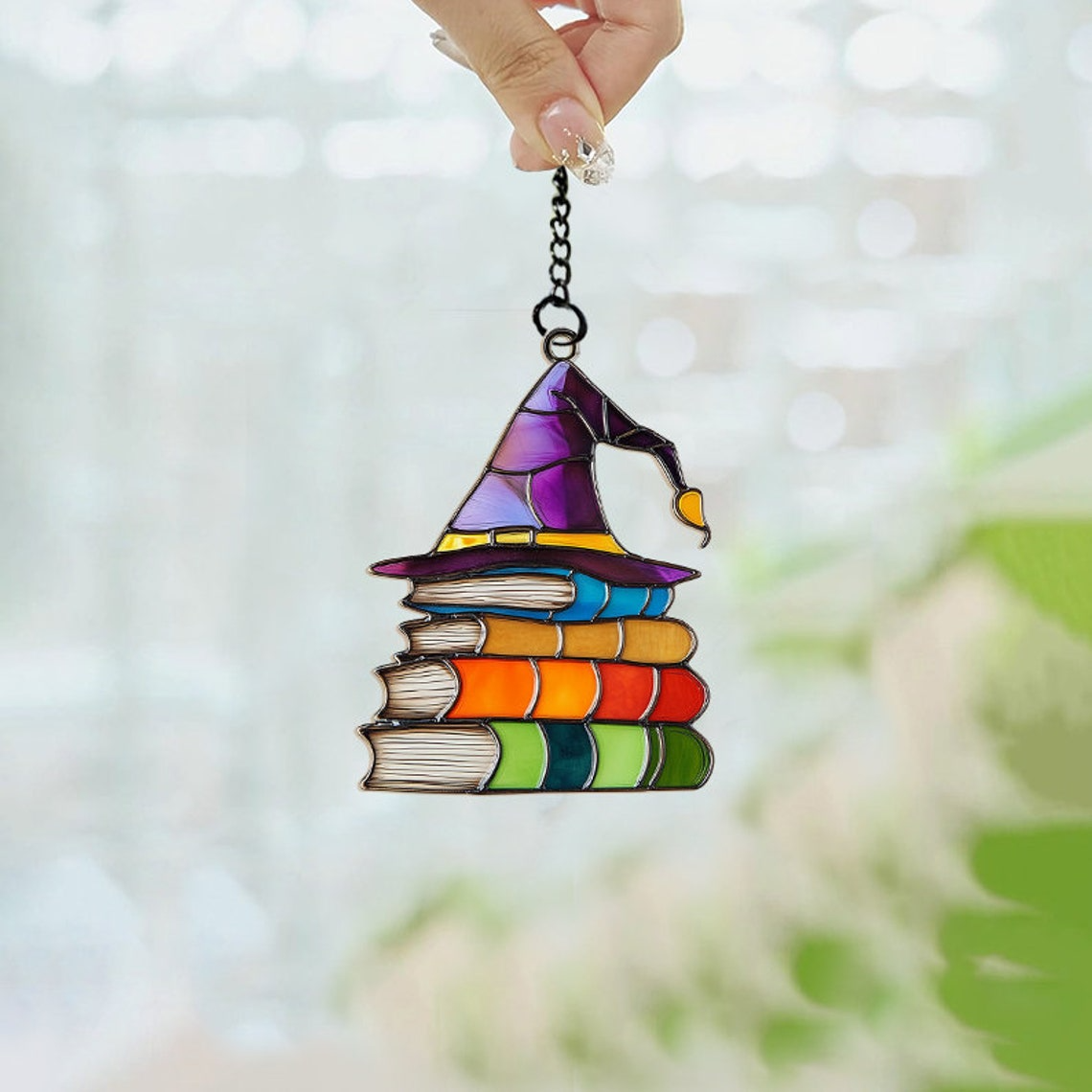 Wizard Hat Bookish Halloween Suncatcher, Halloween Witchy Hat on the Books Decor Gift