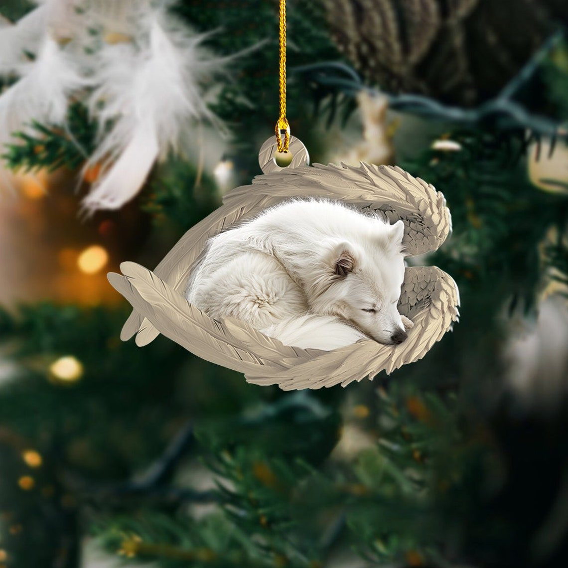 American Eskimo Dog Sleeping Angel Wings Ornament, Cute Eskimo Dog Hanging Christmas Gift