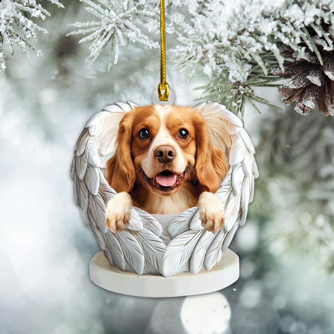 Cavalier King Charles Spaniel Dog Angel Wings Ornament, Cavalier King Dog Flat Christmas Ornament