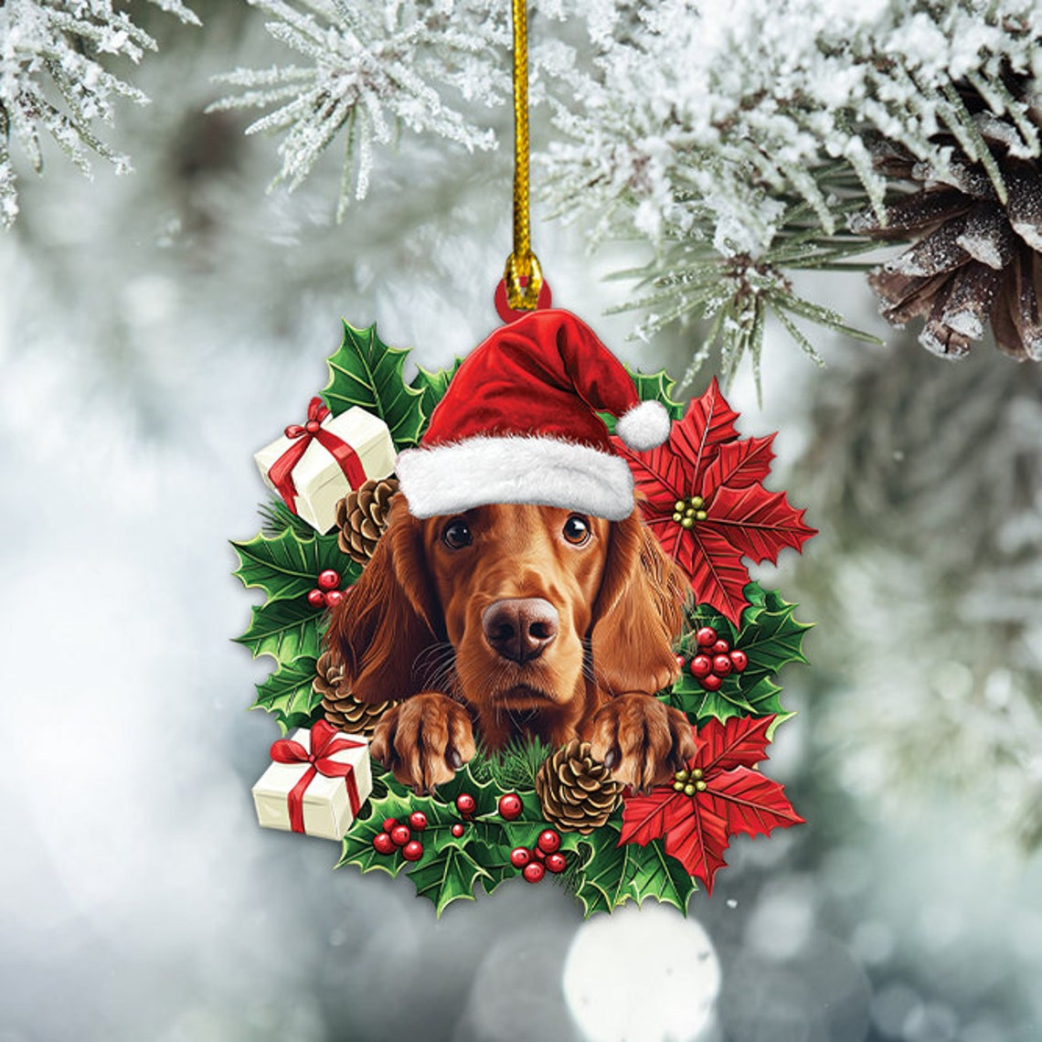 Irish Setter Dog Hanging Christmas Wreath Ornament, Irish Setter Dog Christmas Tree Ornament