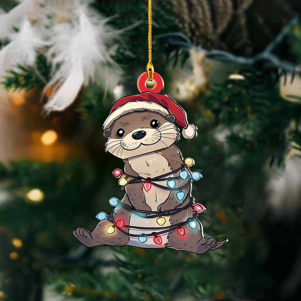 Cute Otter Hanging Christmas Lights Ornament, Christmas Otter Flat Car Hanging Ornament Gift