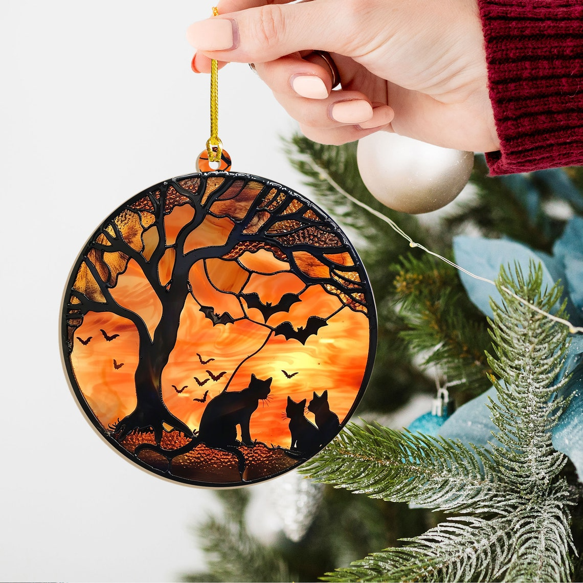 Cute Black Cats Below Tree Halloween Night Suncatcher, Halloween Black Cat Ornament Gift