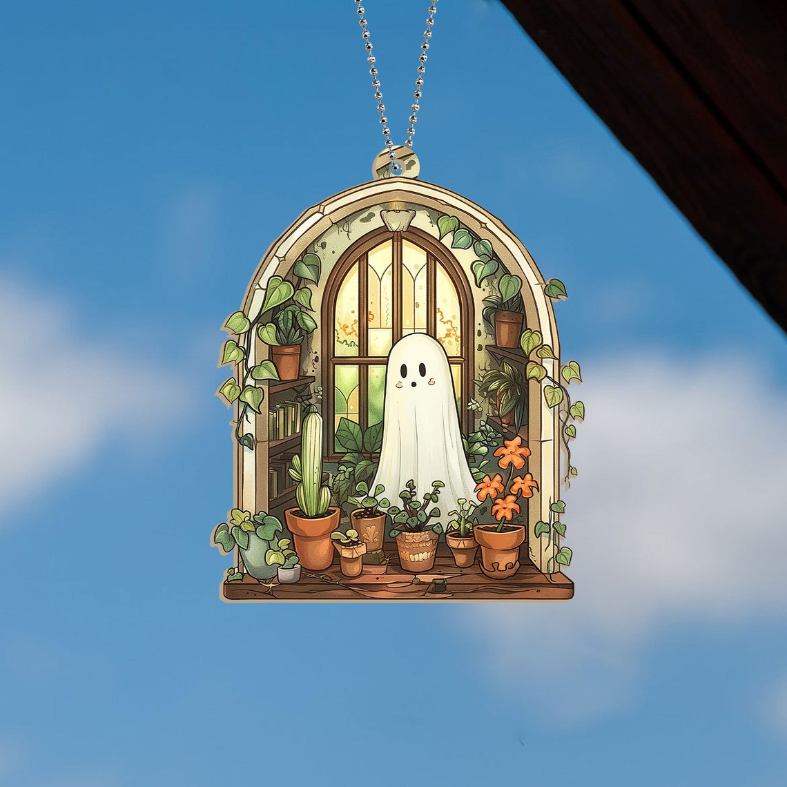 Ghost at Greenhouse Looking Tree Suncatcher, Cute Ghost Suncatcher Decor Home