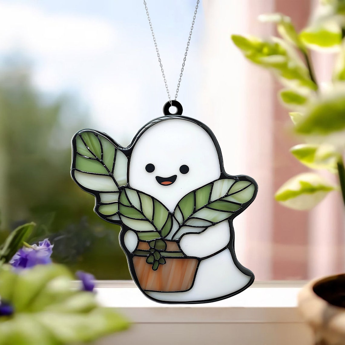 Ghost Baby Plant Window Suncatcher Ornament, Halloween Ghost Planter Ornament