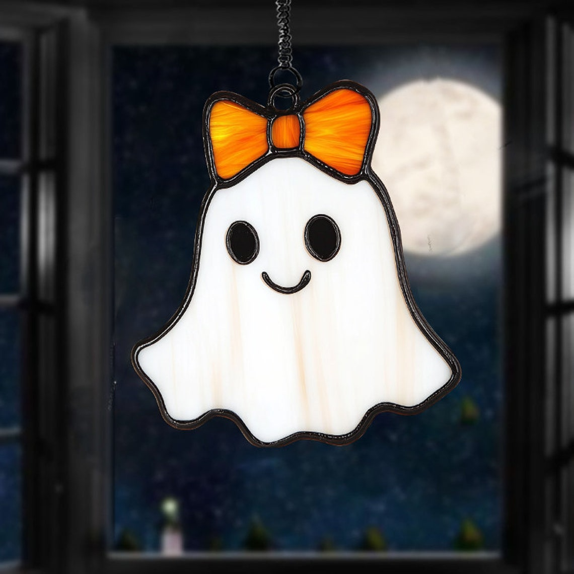 Cute Ghost Wearing Bow Halloween Suncatcher, Cute Ghost Hanging Ornament Home Decor