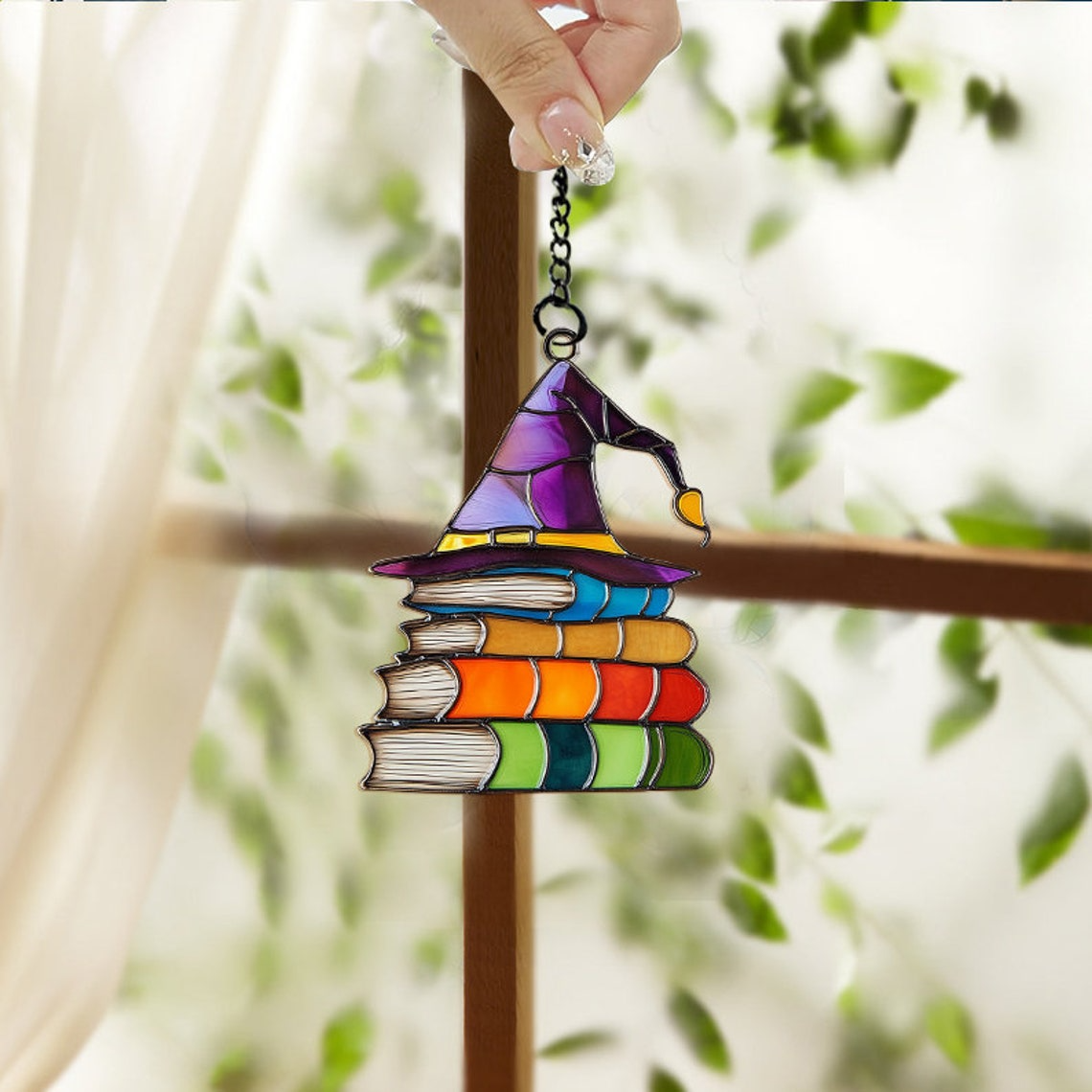 Wizard Hat Bookish Halloween Suncatcher, Halloween Witchy Hat on the Books Decor Gift