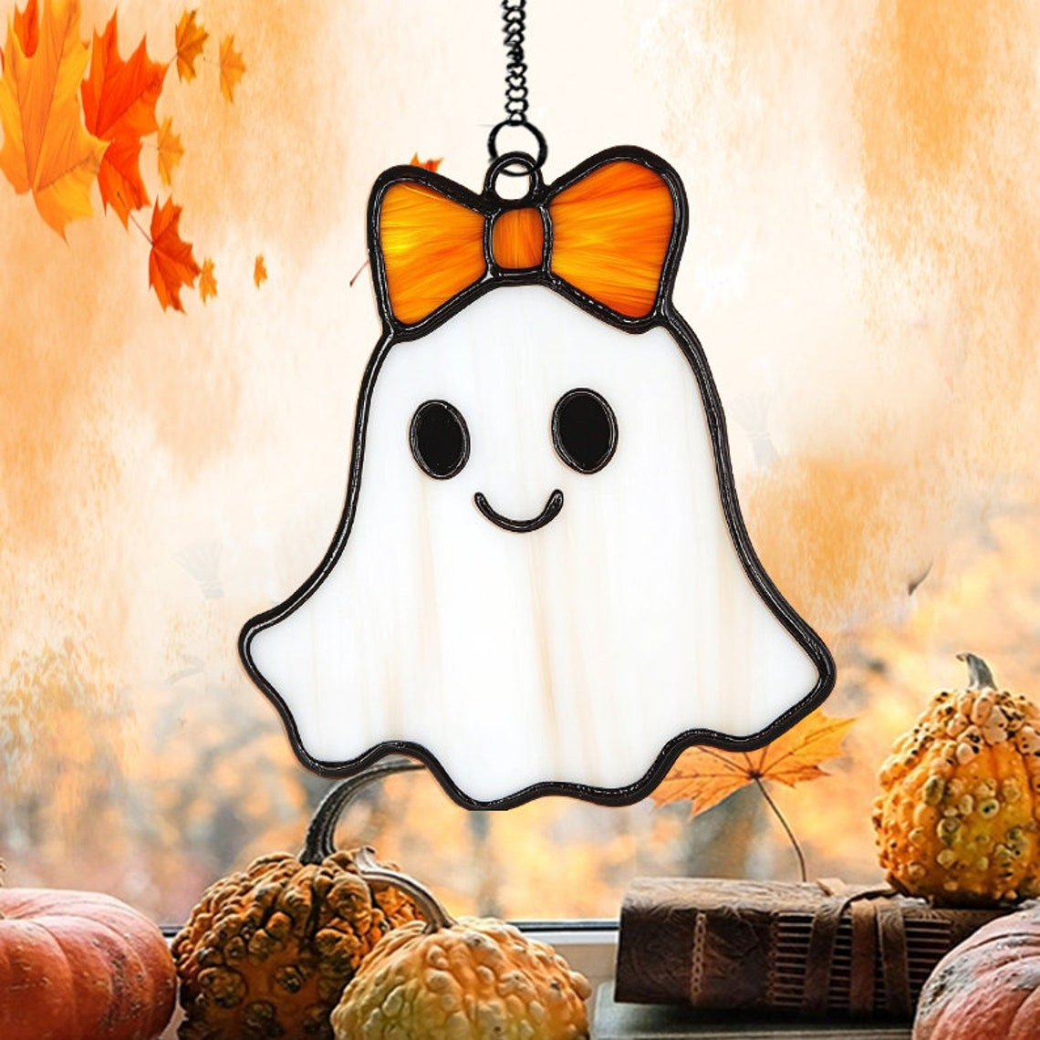 Cute Ghost Wearing Bow Halloween Suncatcher, Cute Ghost Hanging Ornament Home Decor