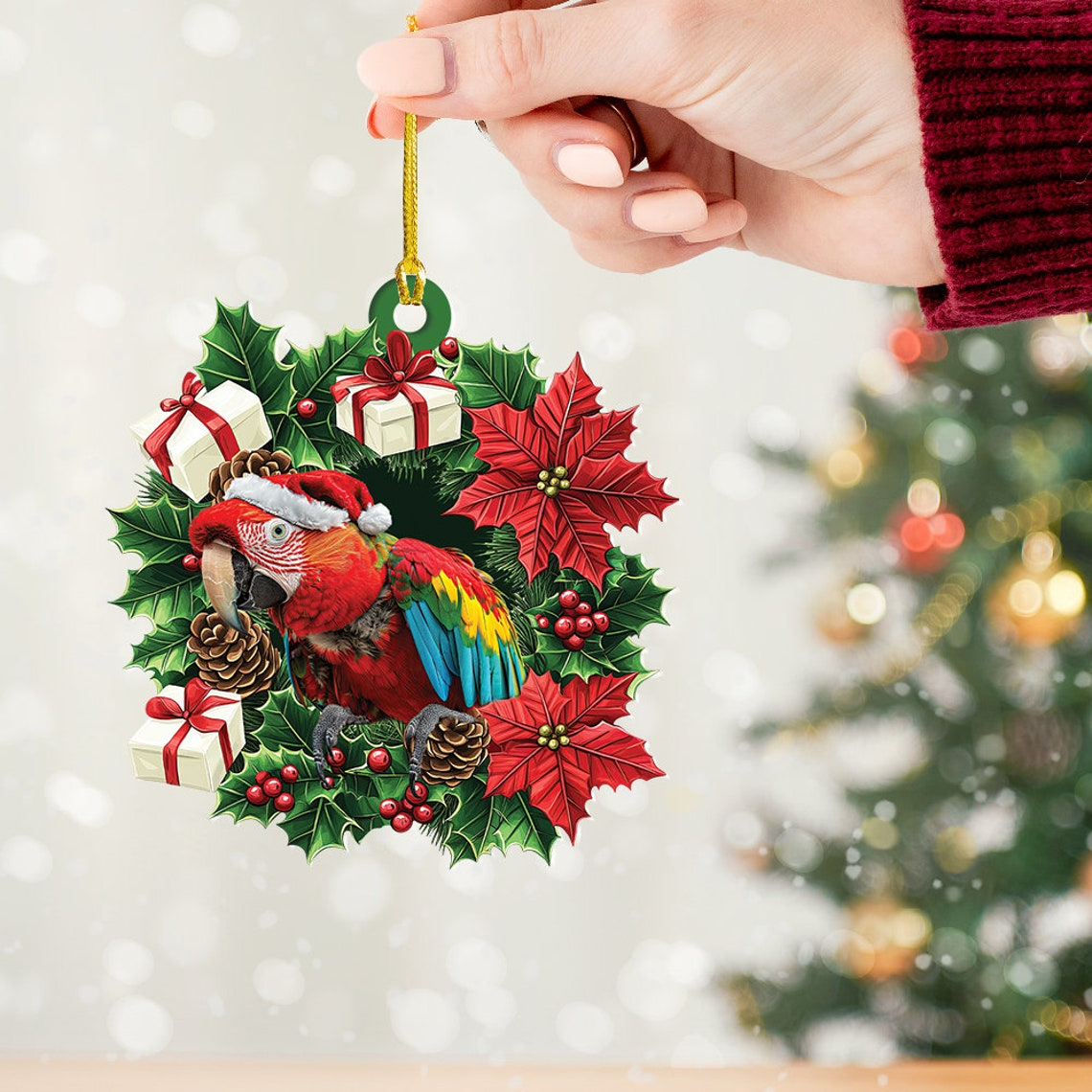 Cute Macaw Christmas Wreath Ornament, Macaw Christmas Tree Hanging Decor Ornament