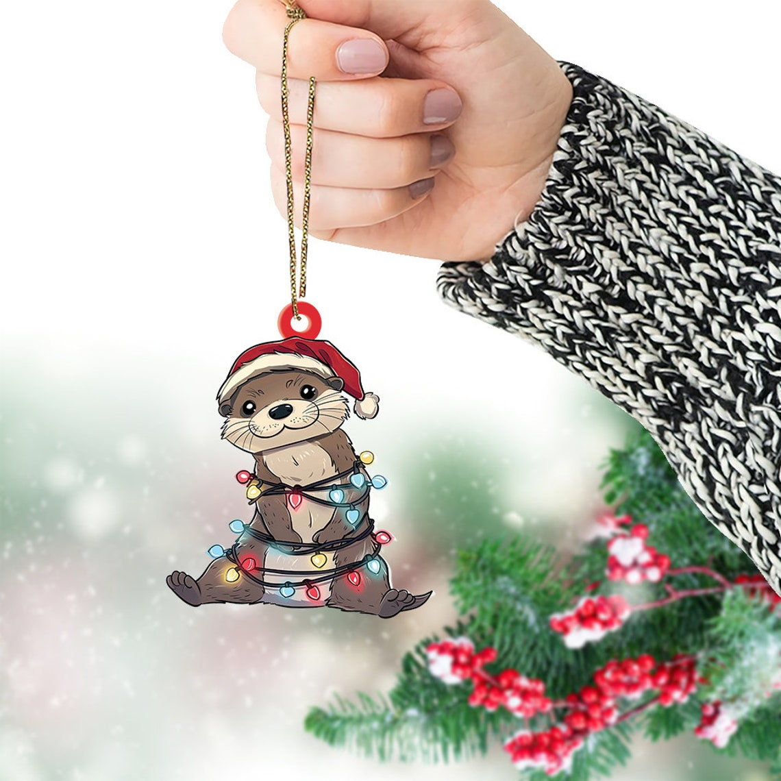 Cute Otter Hanging Christmas Lights Ornament, Christmas Otter Flat Car Hanging Ornament Gift