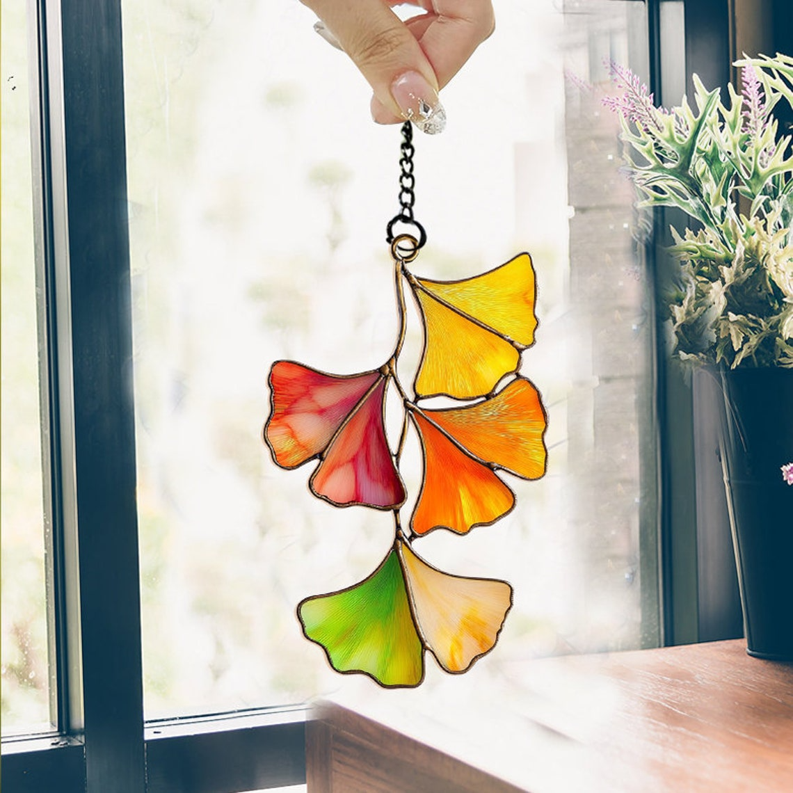 Autumn Ginko Leaf Suncatcher, Autumn Leaf Hanging Ornament Gift