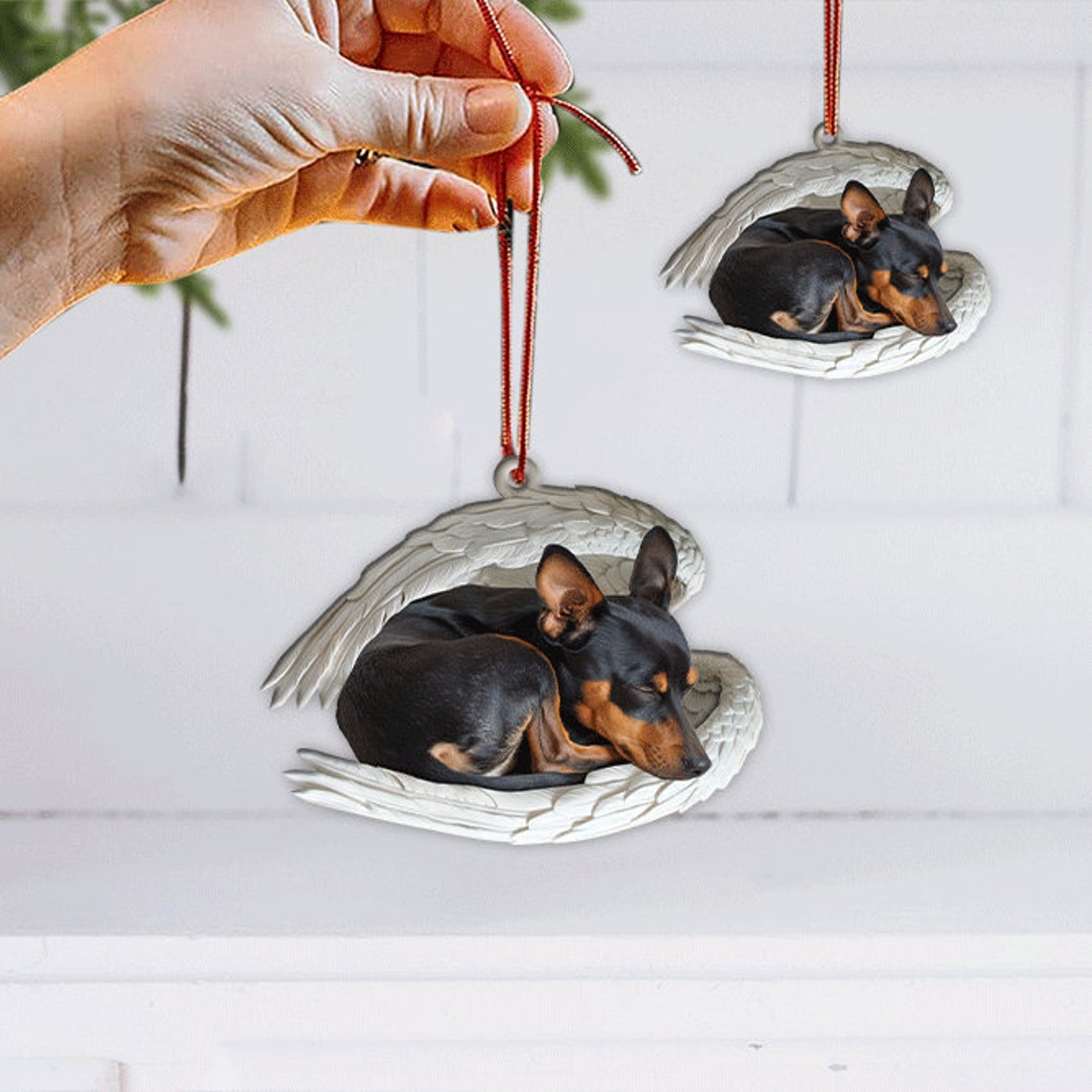 Christmas Miniature Pinscher Dog Angel Sleeping Car Ornament, Cute Dog Hanging Christmas Ornament Gift