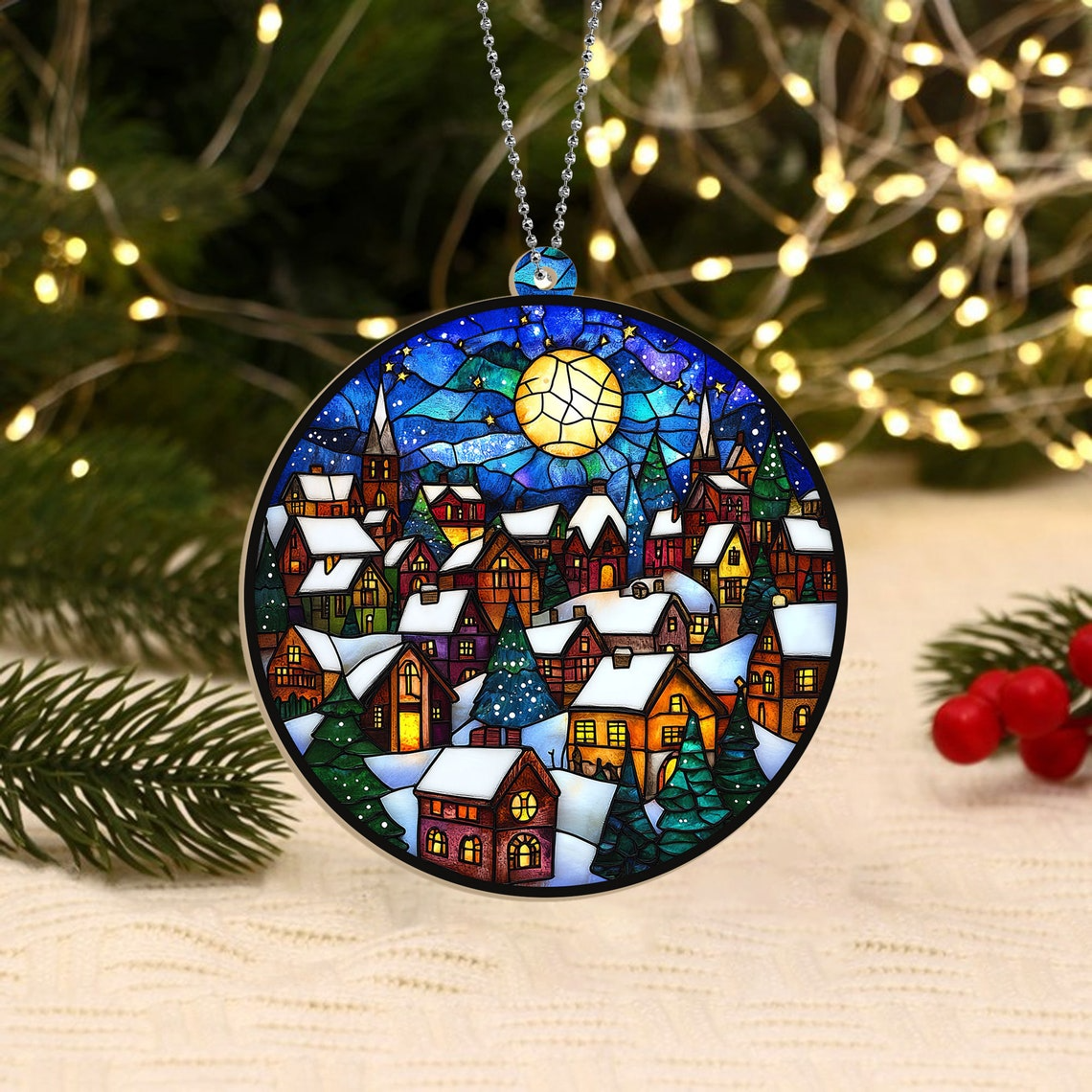 Christmas Village Cosy Suncatcher Ornament, Christmas Village Window Hanging Ornament Gift