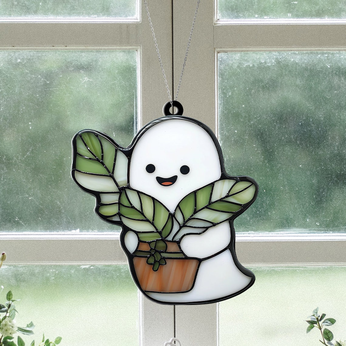 Ghost Baby Plant Window Suncatcher Ornament, Halloween Ghost Planter Ornament