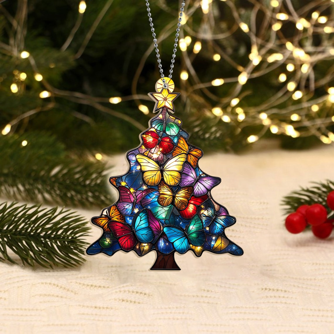 Christmas Butterflies Tree Suncatcher, Christmas Tree Ornament Home Decor Gift