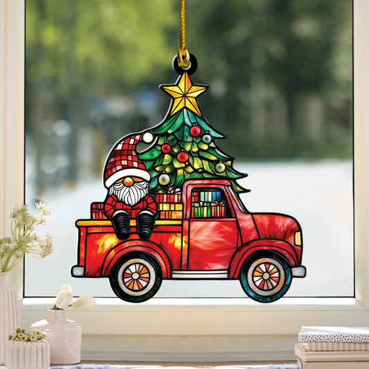 Santa Gnome and Christmas Tree Suncatcher, Red Truck Gnome Hanging Suncatcher Ornament