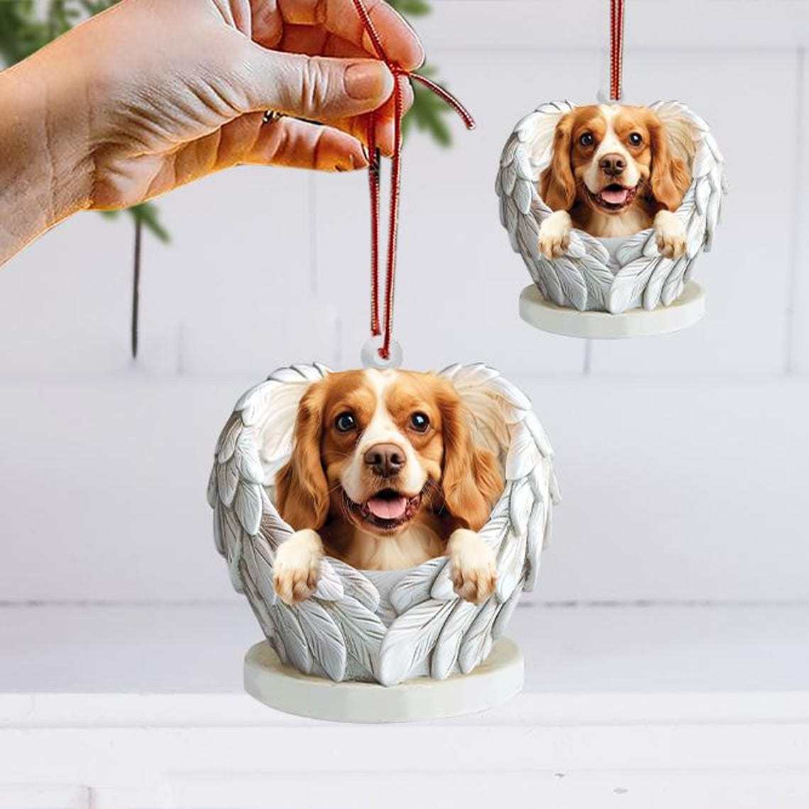 Cavalier King Charles Spaniel Dog Angel Wings Ornament, Cavalier King Dog Flat Christmas Ornament