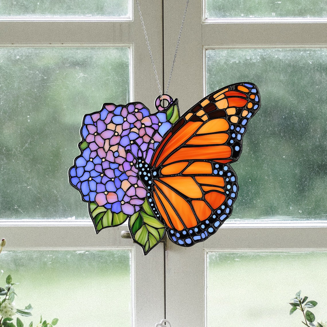 Hydrangea Butterfly Hanging Suncatcher, Monarch Butterfly Flower Acrylic Window Hanging Decor