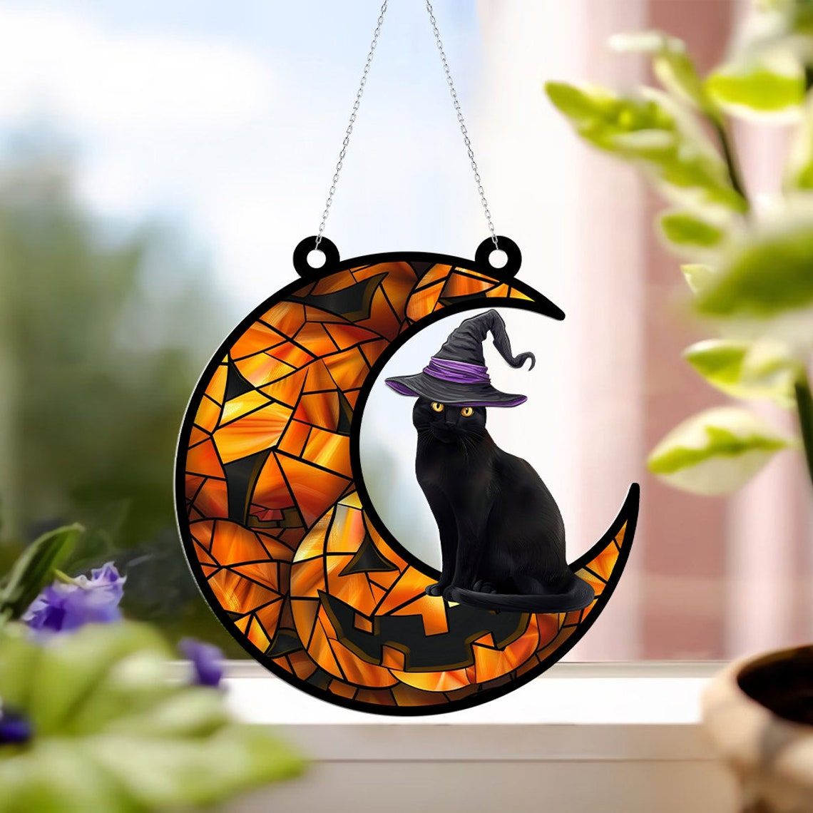 Cat Halloween Moon Window Hanging Suncatcher, Halloween Cat Pumpkin Ornament