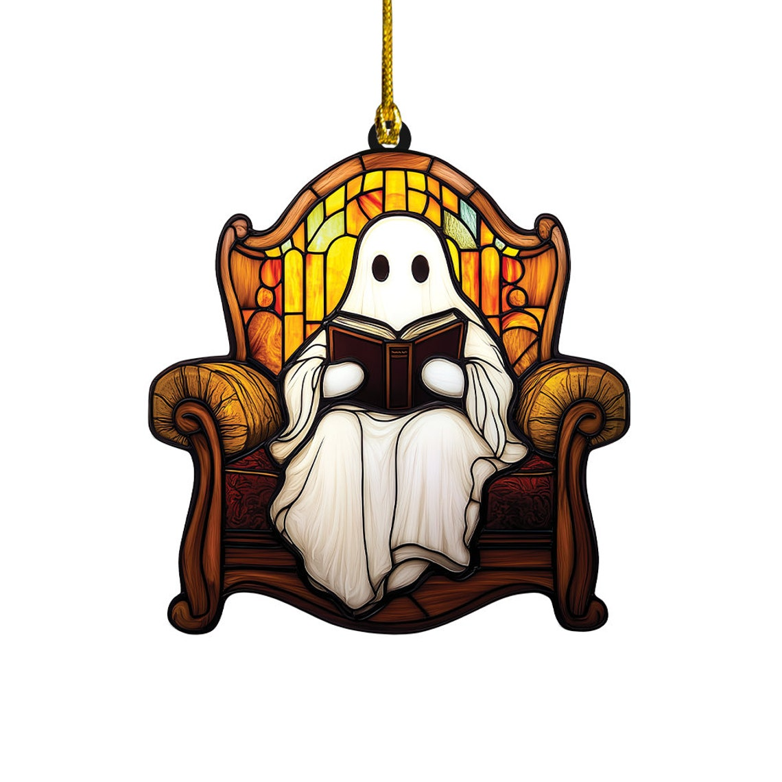 Halloween Ghost Reading Books Suncatcher, Ghost Read Book on The Chair Ornament