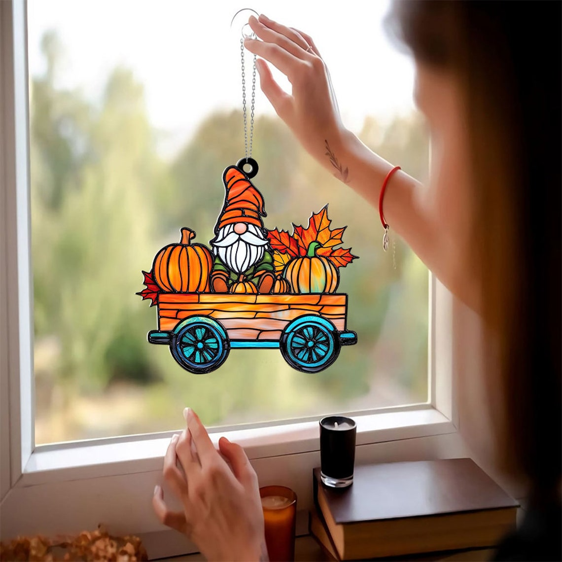 Gnomes on Pumpkin Cart Autumn Suncatcher, Gnome Autumn Thanksgiving Suncatcher Ornament Decor