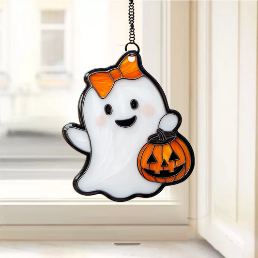 Cute Ghost Laugh with Lantern Halloween Suncatcher, Ghost Hanging Ornament Home Decor