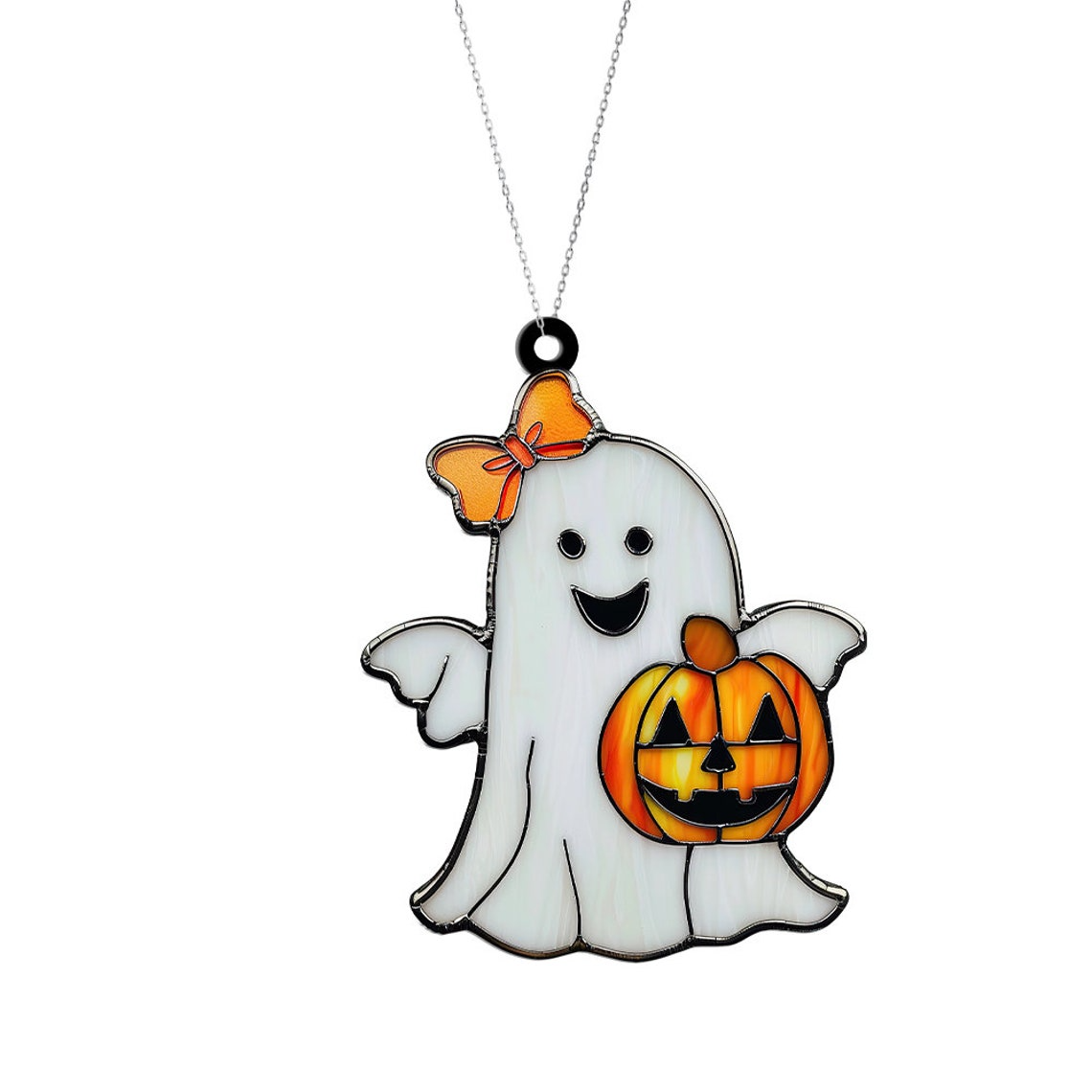 Cute Ghost And Bow Pumpkin Halloween Suncatcher, Cute Ghost Hanging Decor Home