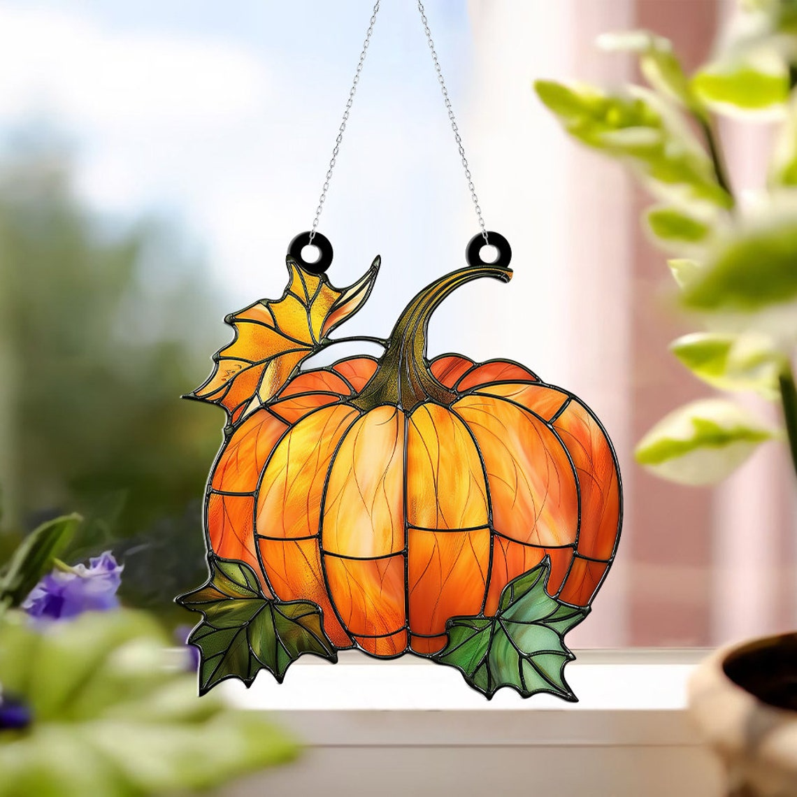 Pumpkin and Leaves Fall Suncatcher Ornament, Pumpkin Autumn Ornament