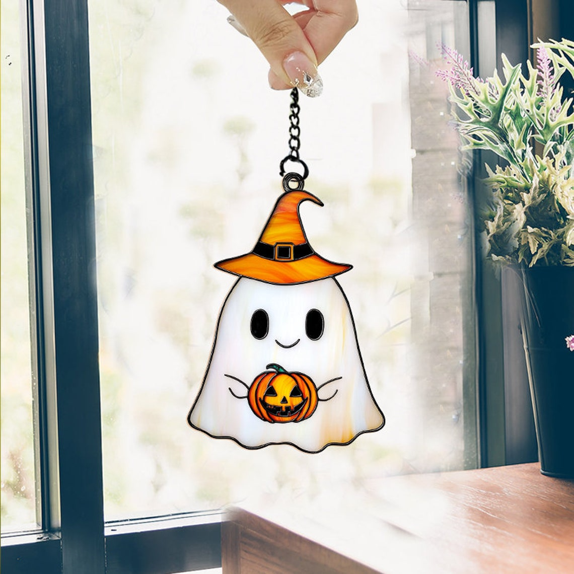 Cute Ghost with Pumpkin Halloween Suncatcher, Halloween Jack-o-lantern Ornament