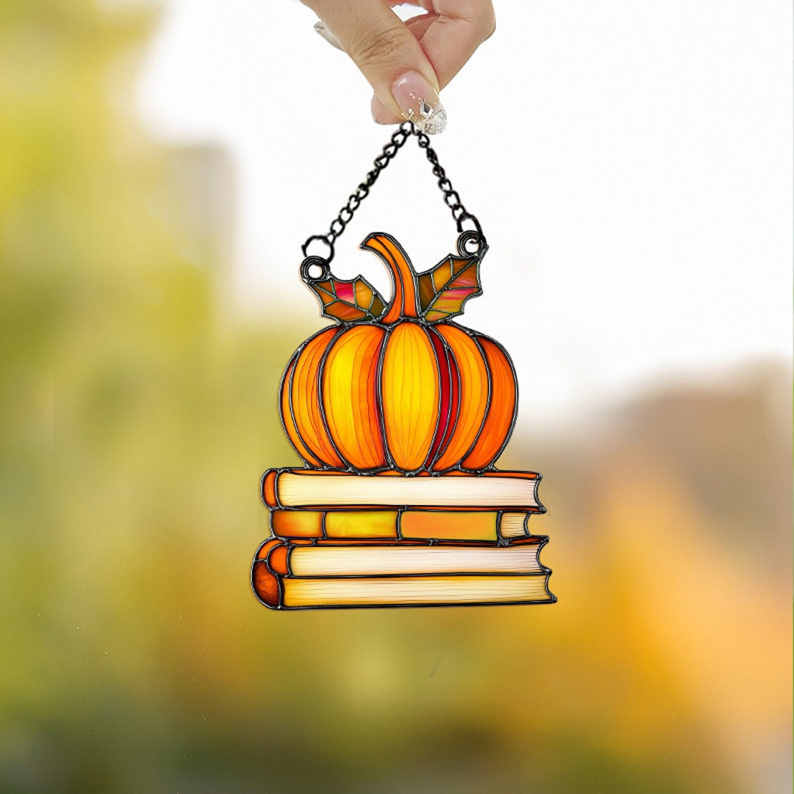 Classic Pumpkin Books Suncatcher, Halloween Pumpkin Ornament Gift