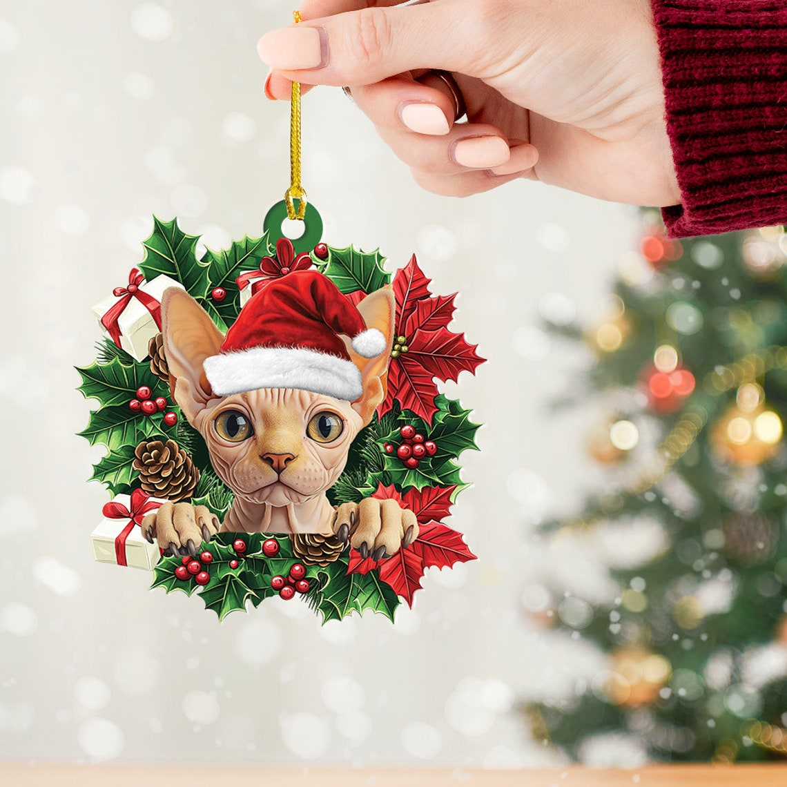 Sphynx Cat Hanging Christmas Wreath Ornament, Sphynx Cat Christmas Ornament Decor Holiday Gift