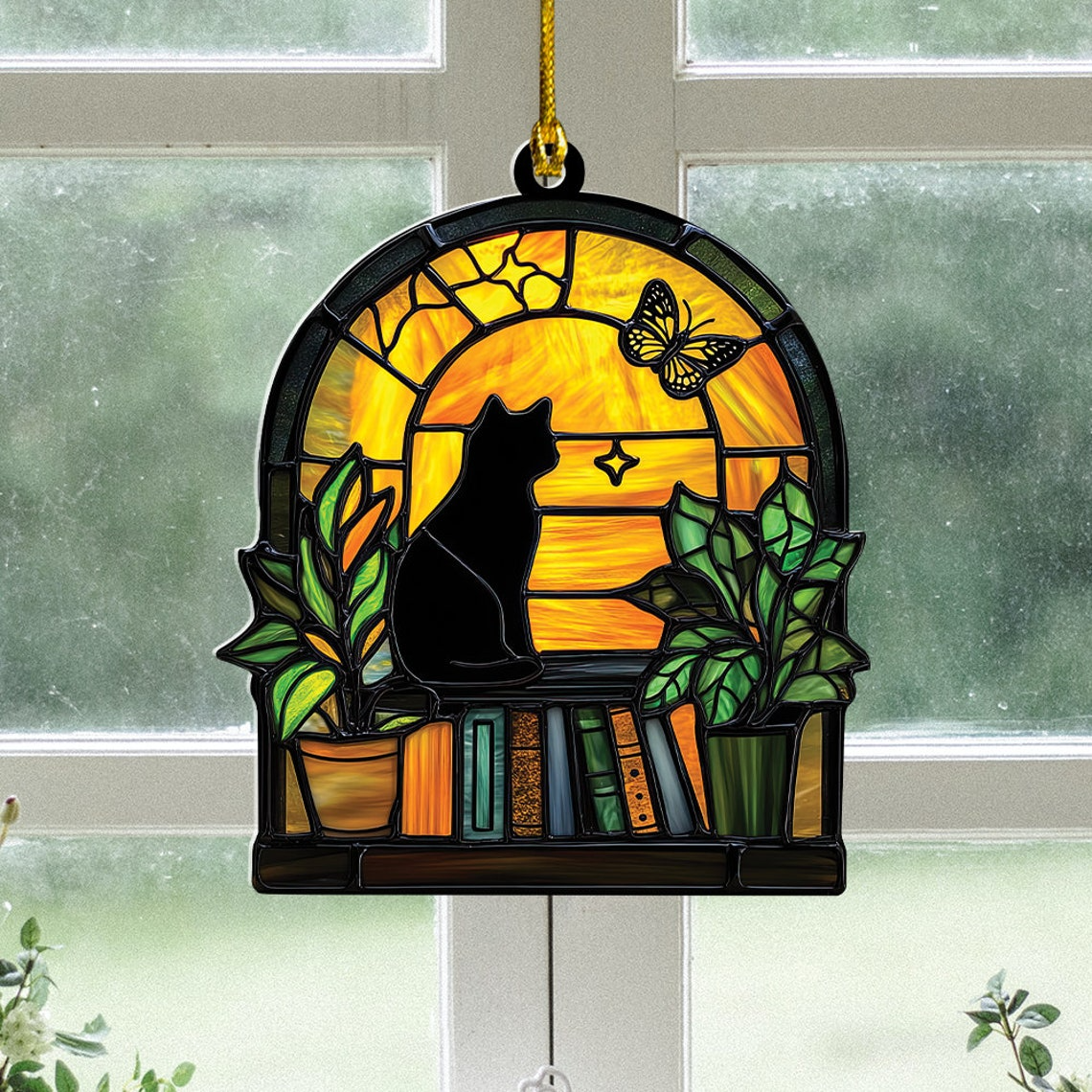 Black Cat on Bookshelf Suncatcher, Cat Hanging Ornament Home Decor