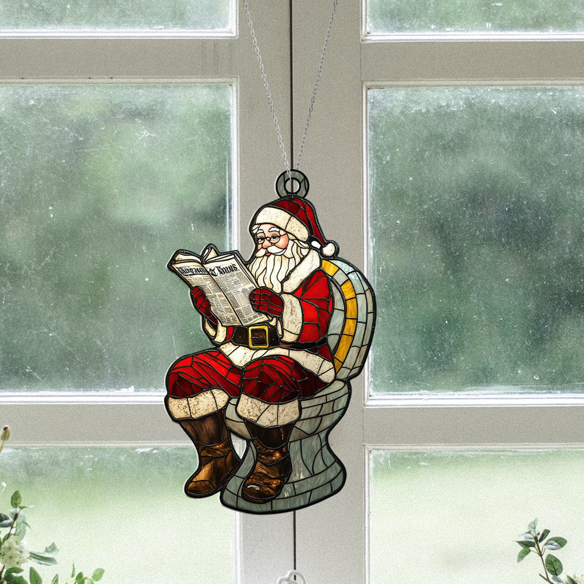 Funny Santa Claus in Bathroom Christmas Suncatcher, Santa Claus in Toilet Hanging Ornament