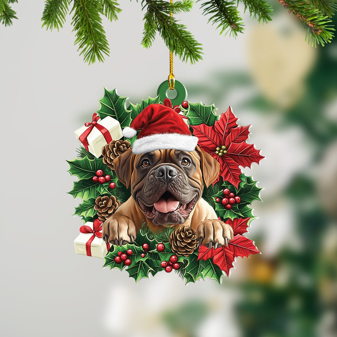 Mastiff Dog Hnaging Christmas Wreath Ornament, Cute Mastiff Dog Christmas Tree Decor Ornament