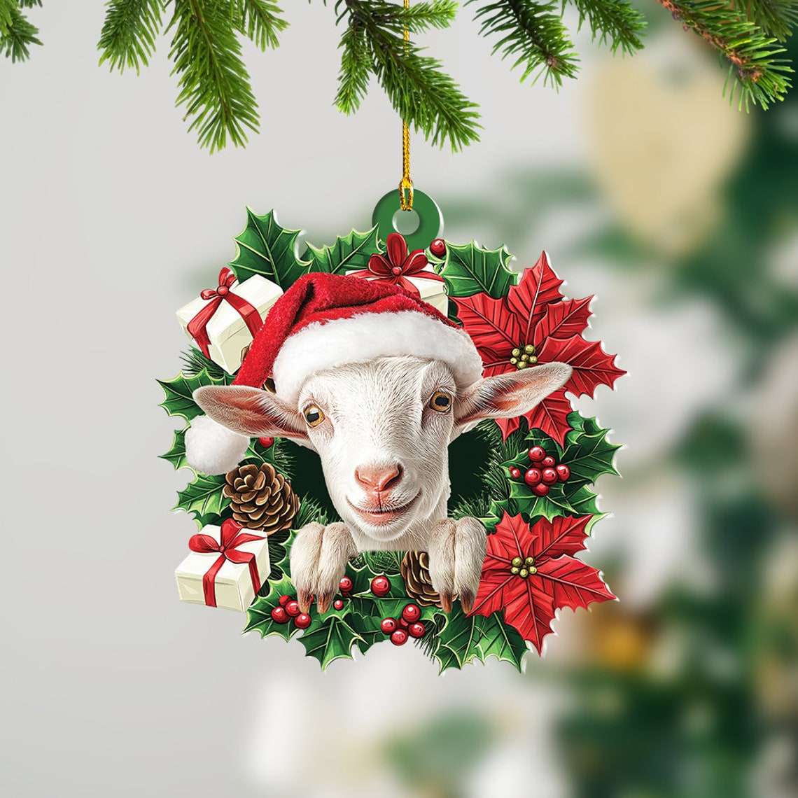 Cute White Goat Christmas Wreath Ornament, Ornament Goat Christmas Tree Lovers Holiday Gift