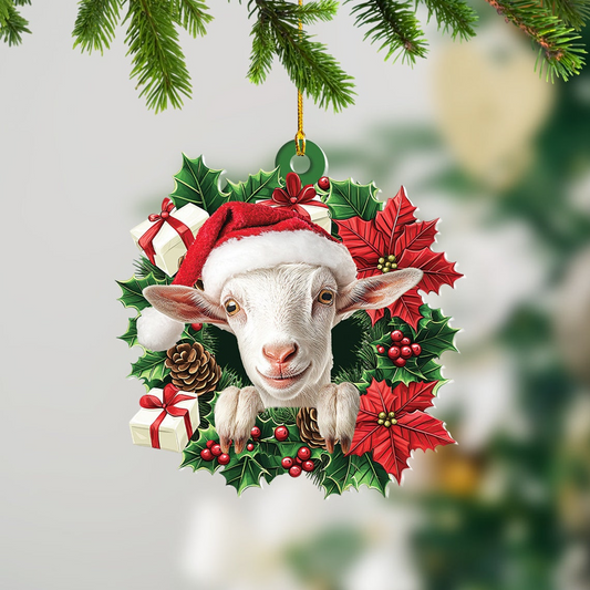 Cute White Goat Christmas Wreath Ornament, Ornament Goat Christmas Tree Lovers Holiday Gift