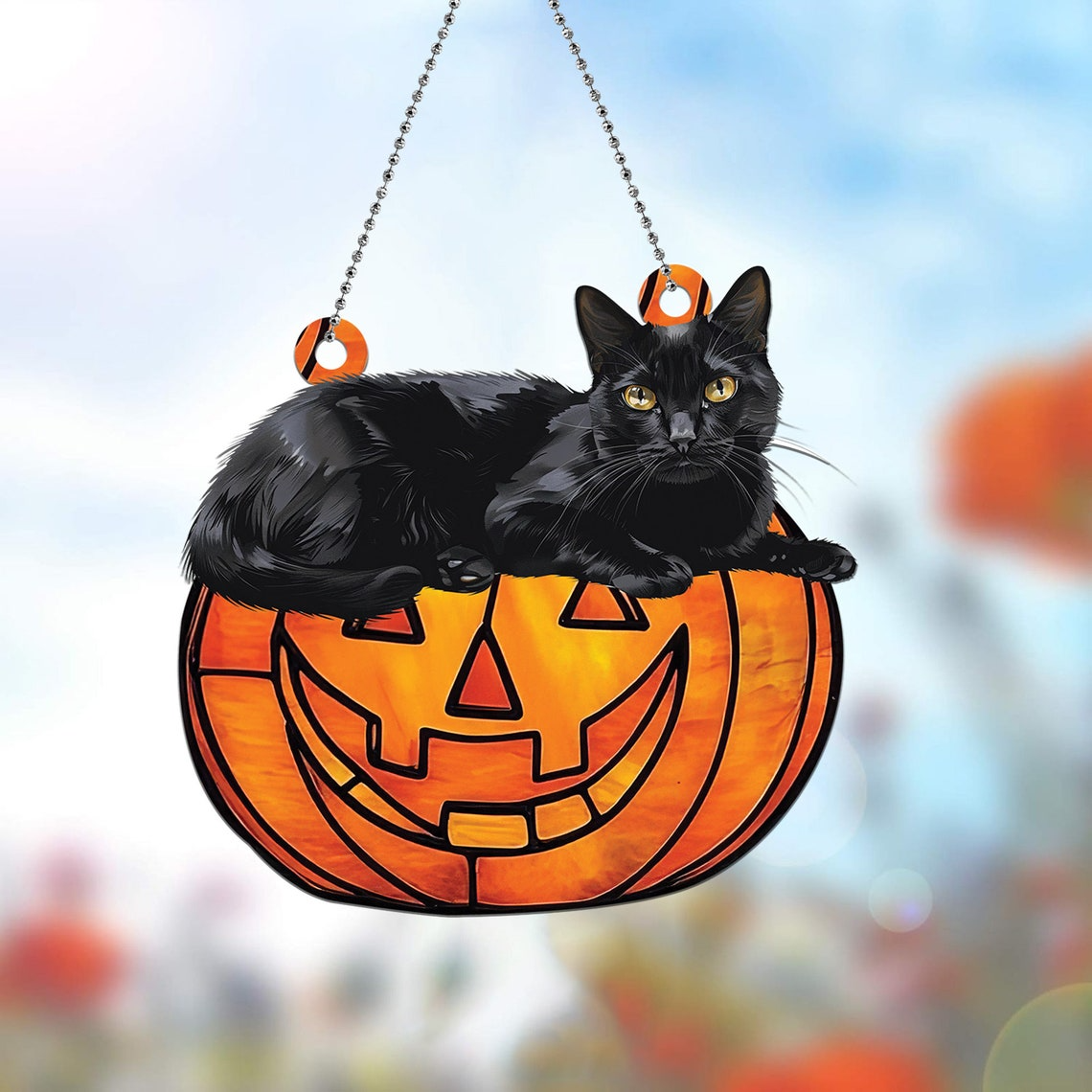 Black Cat Pumpkin Halloween Window Hanging Suncatcher, Cat Pumpkin Ornament Decor