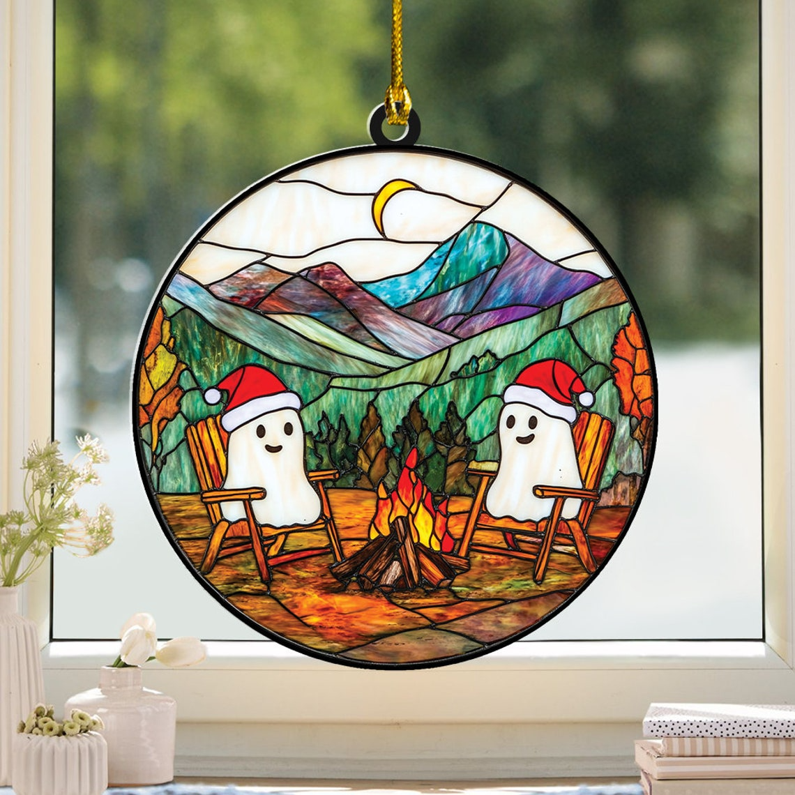 Ghosts Camping Halloween Suncatcher, Ghosts Camping Window Hanging Decor