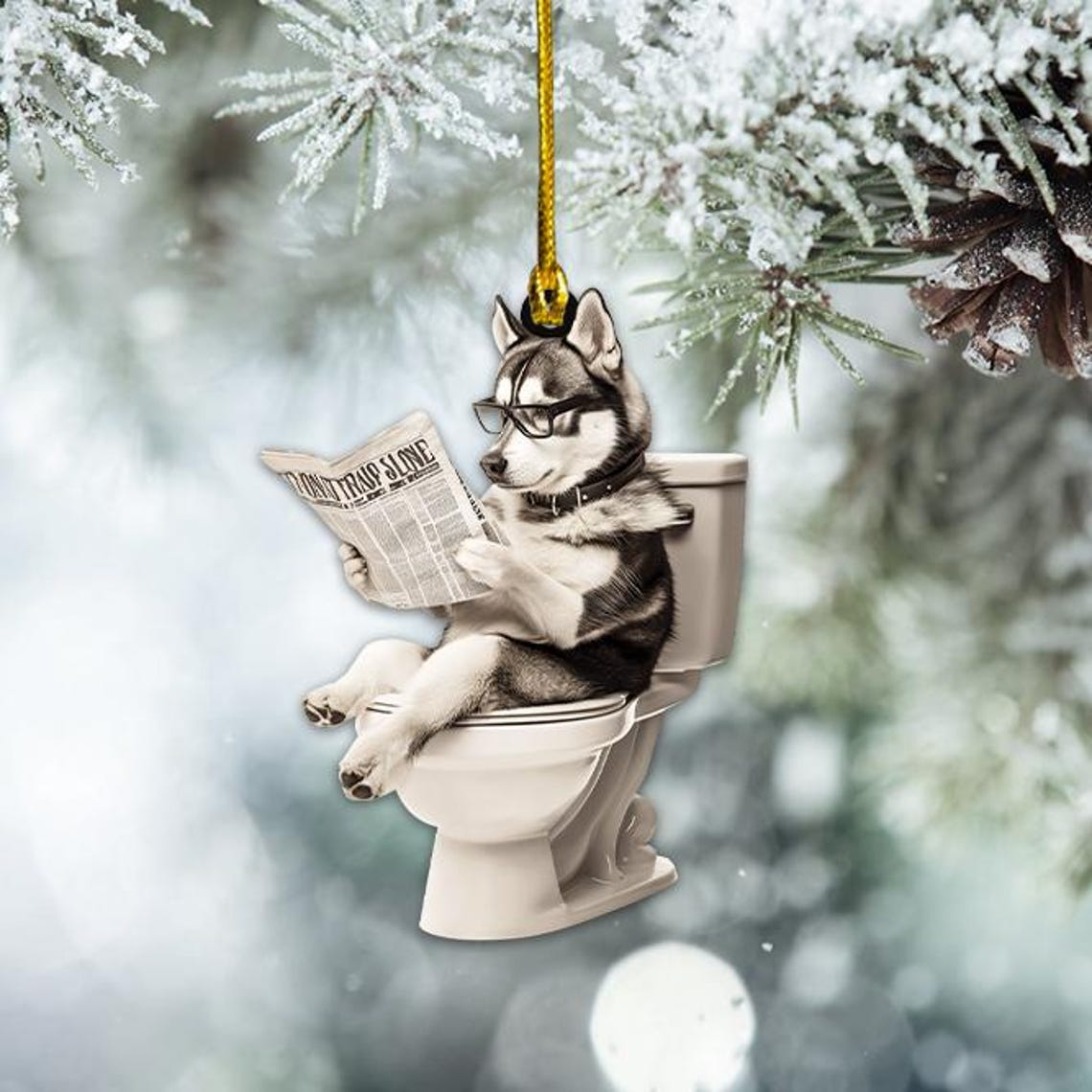 Siberian Husky Dog Sitting On Toilet Ornament, Husky Dog Reading Newspaper Ornament Christmas Gift