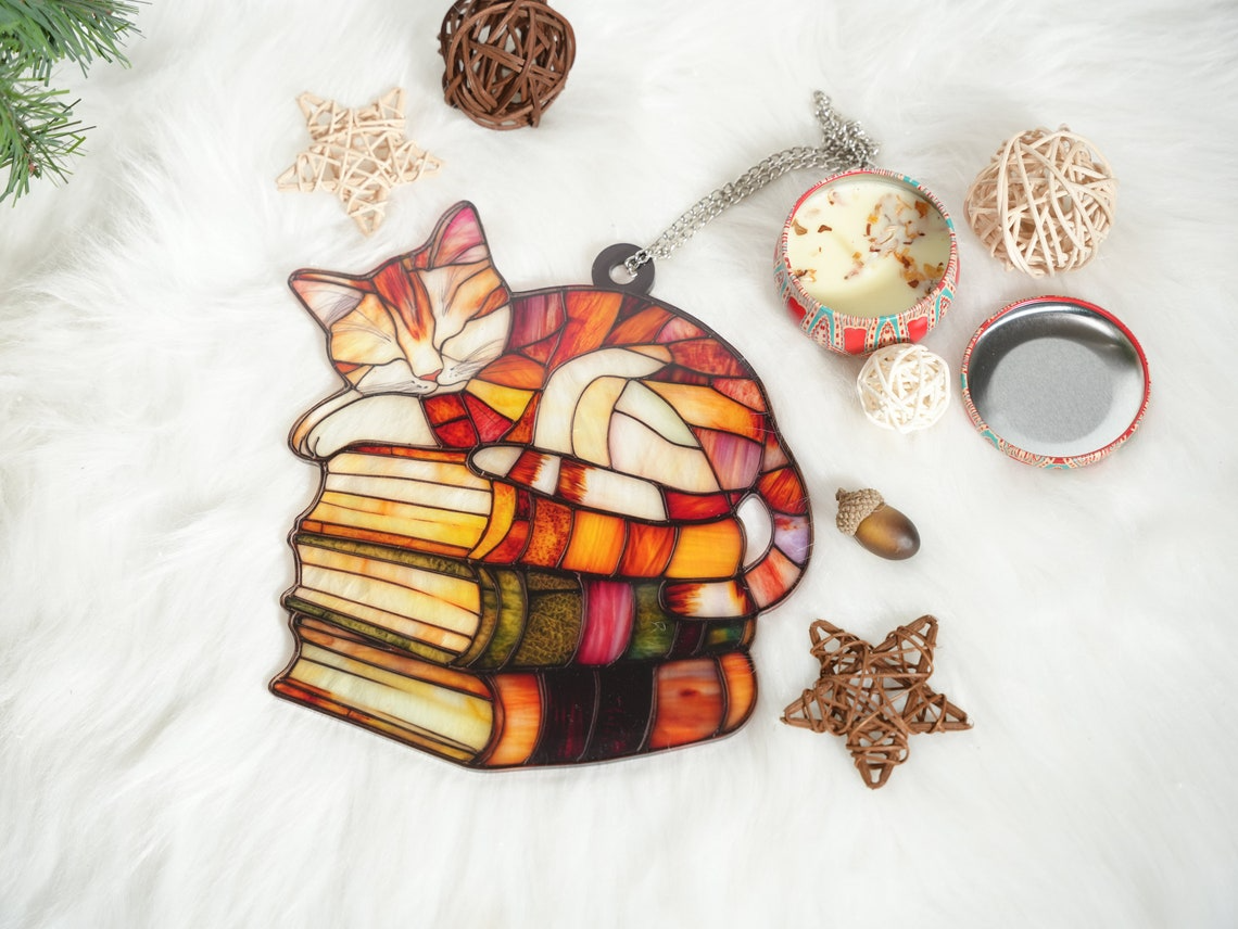 Cat Sleeping on Books Window Hanging Suncatcher, Cute Cat and Books Hanging Decor Gift