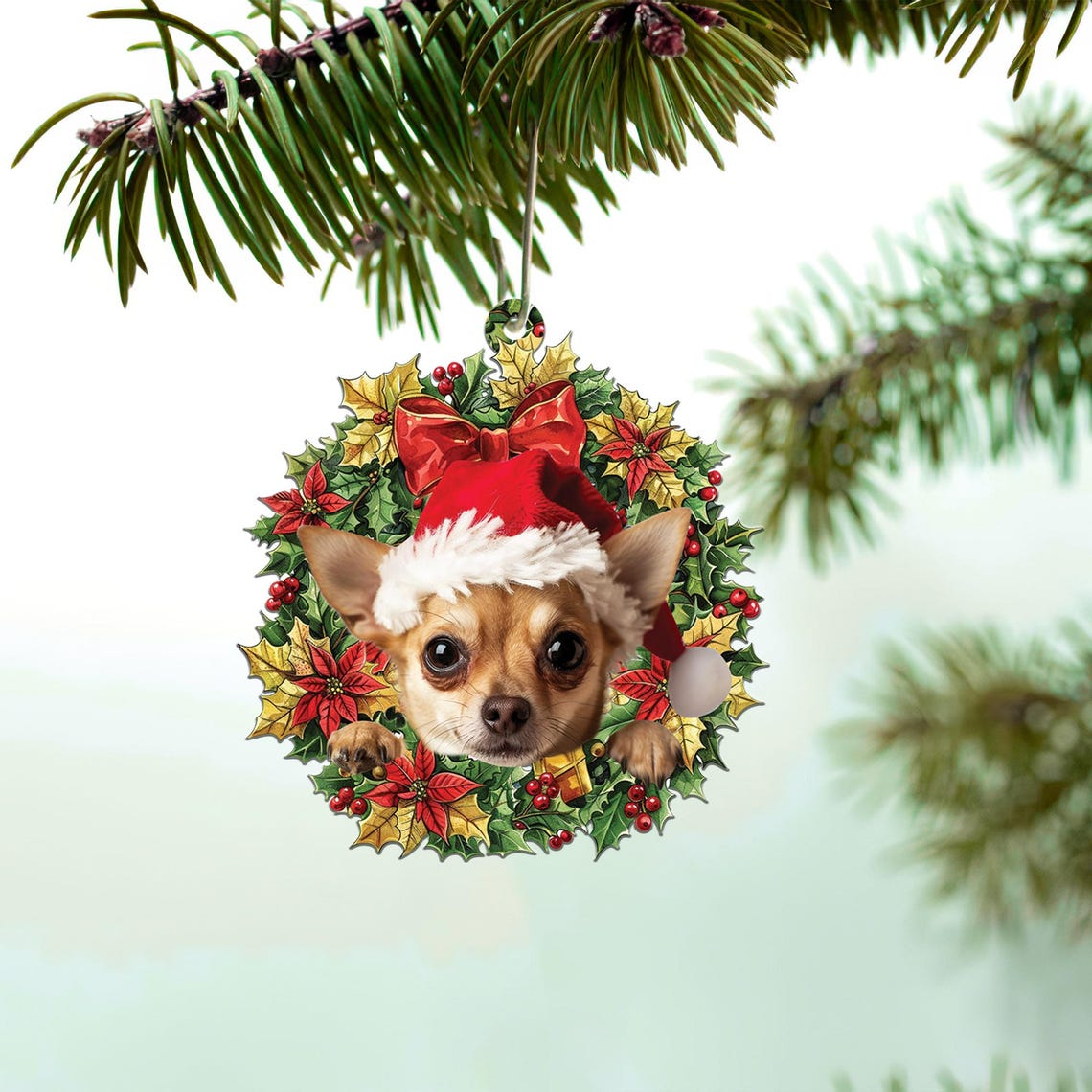 Chihuahua Dog and Christmas Wreath Ornament, Christmas Dog Hanging Ornament Decor Gift