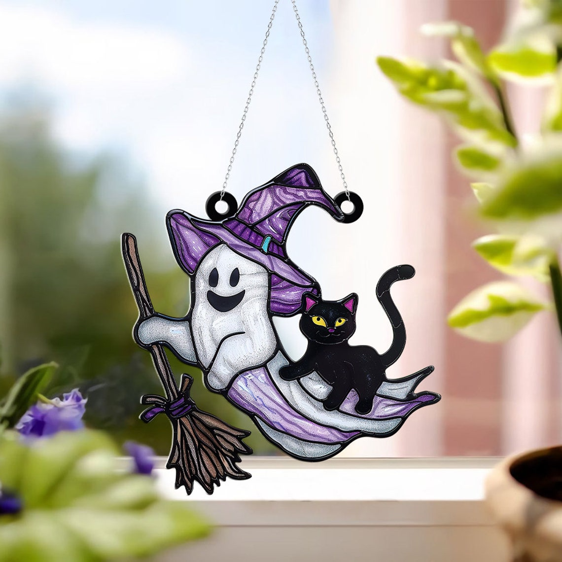 Ghost Witchy and Cat Ghost Halloween Suncatcher, Halloween Ghost Cat Hanging Ornament