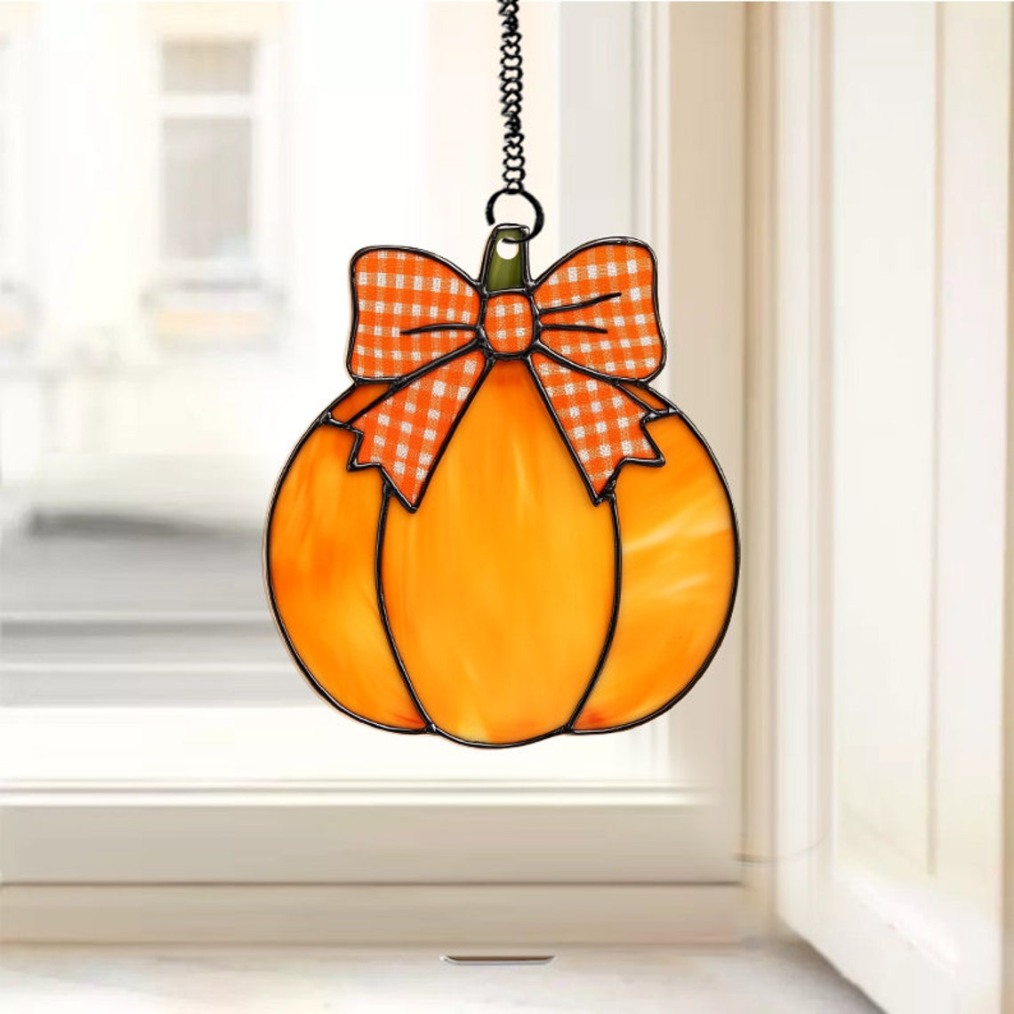 Pumpkin and Red Bow Suncatcher Decor, Pumpkin Suncatcher Ornament