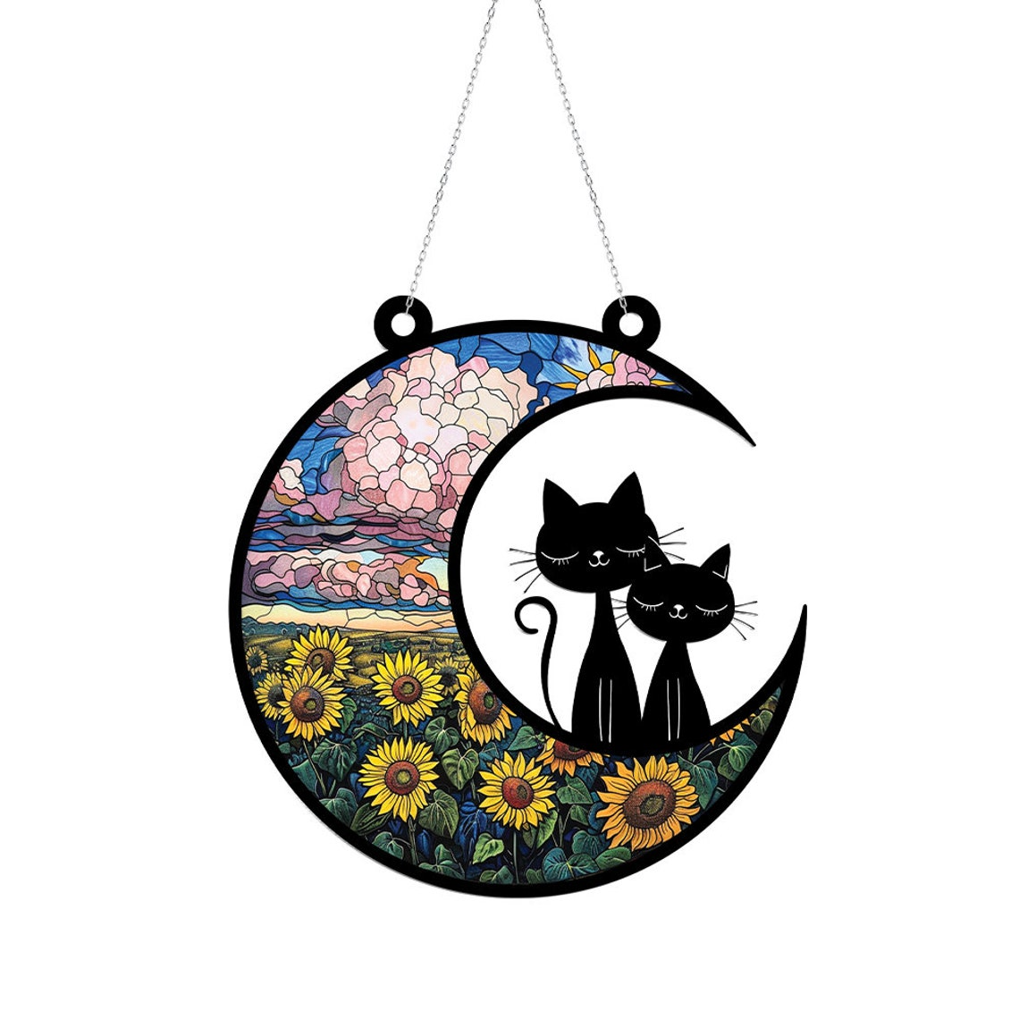 Cat Couple on the Moon Suncatcher, Cat Couple Window Hanging Decor Ornament