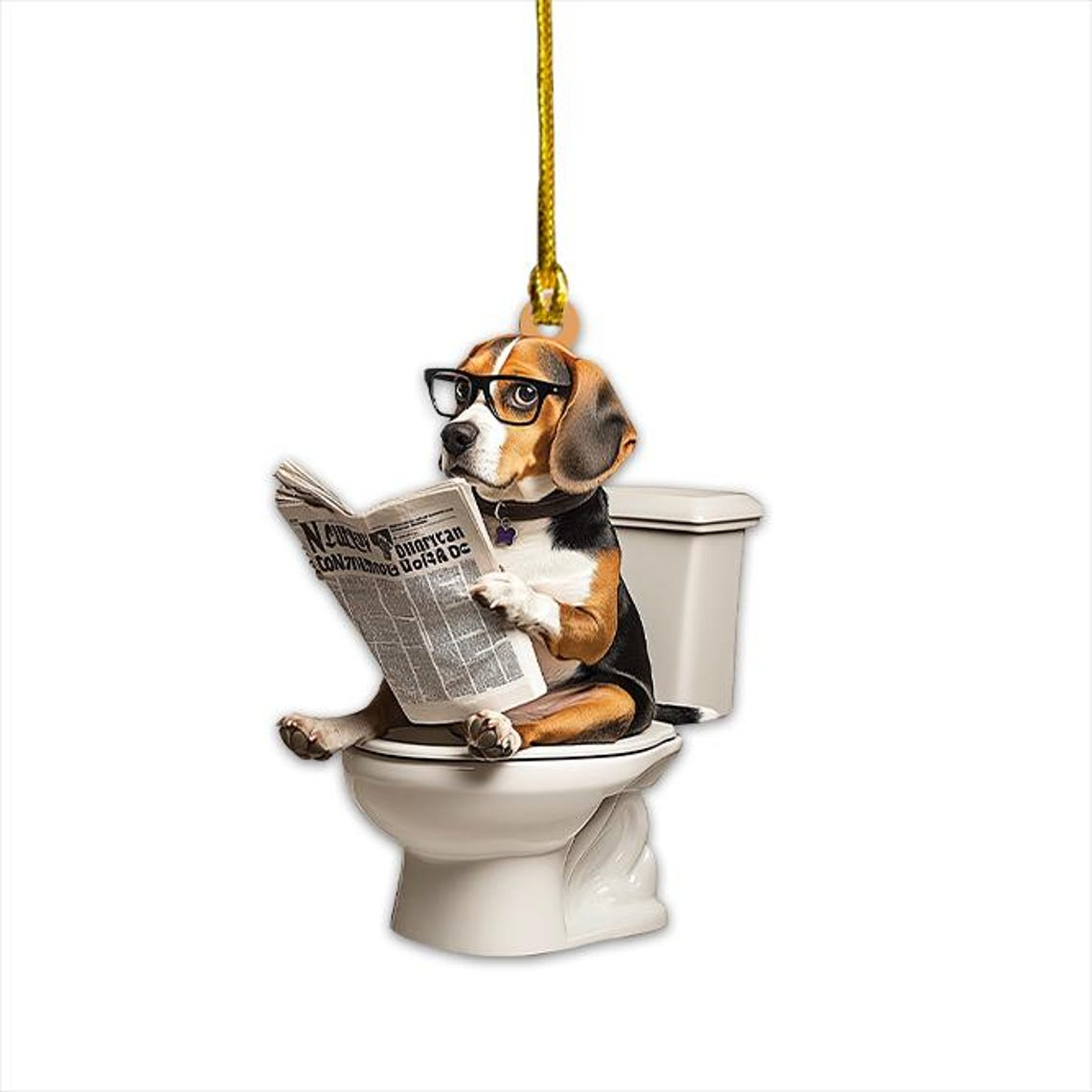 Funny Beagle Dog Sitting On Toilet Ornament, Beagle Dog Reading Newspaper Ornament