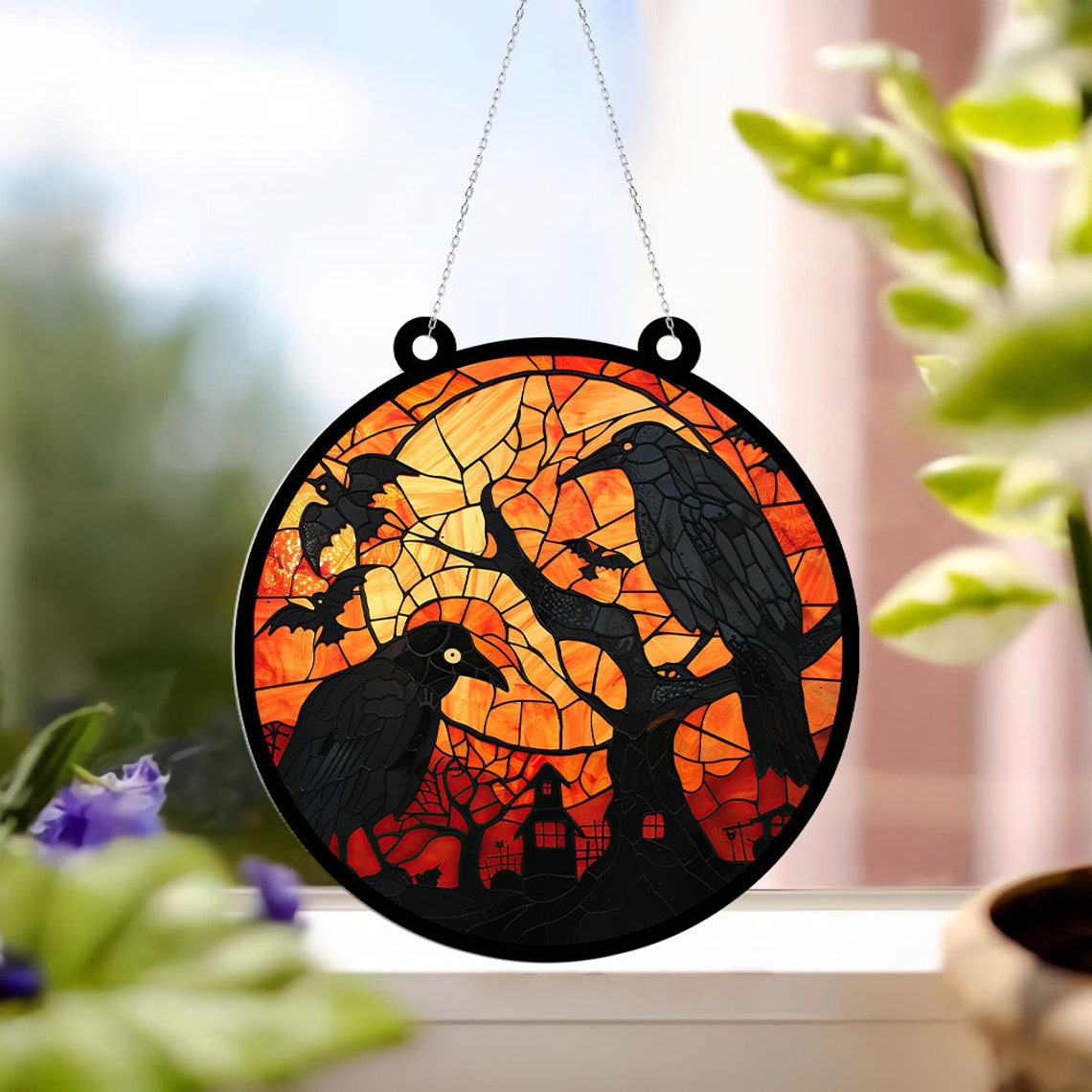 Moon Castle Crow Suncatcher Ornament, Halloween Hangings Ornaments Decor for Home