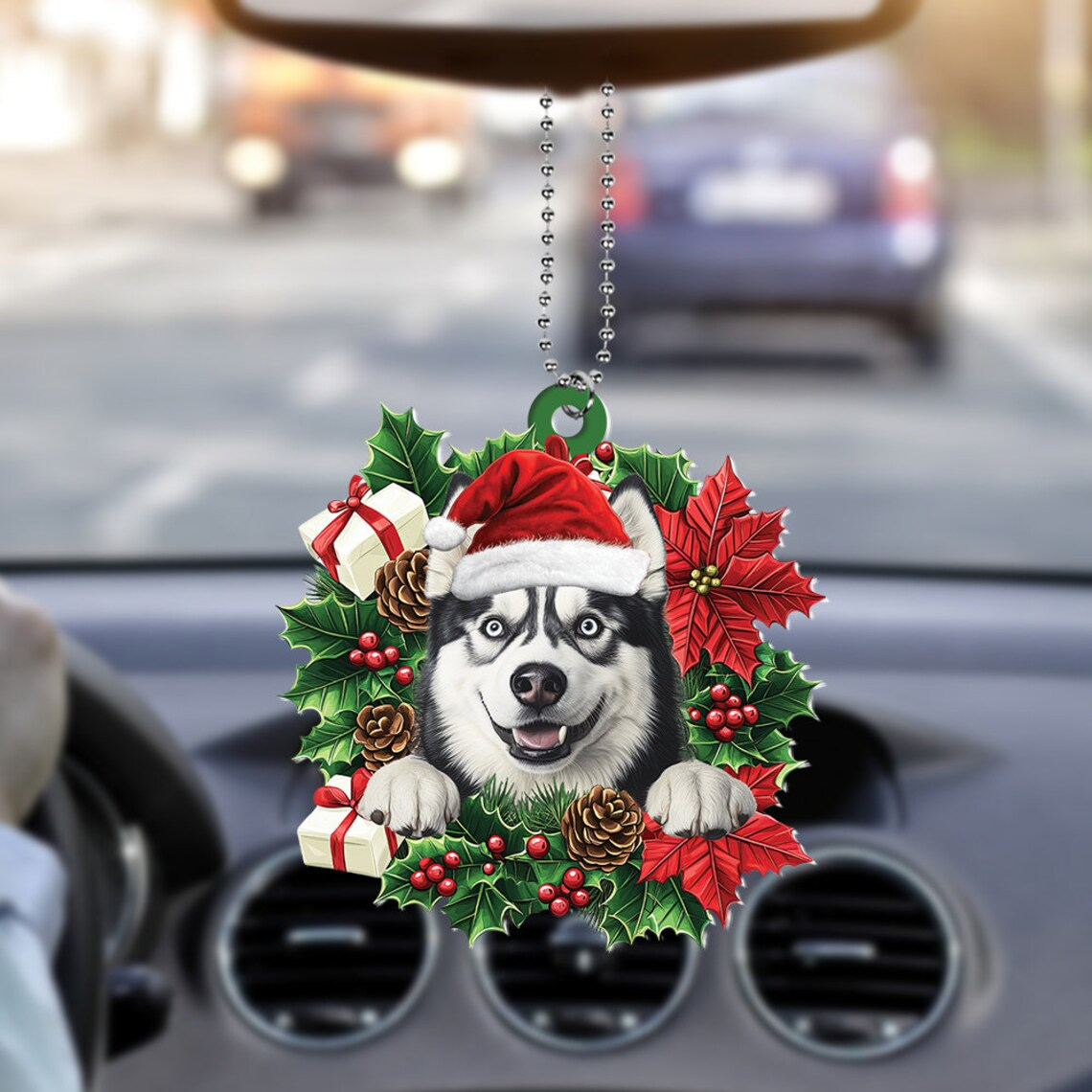 Dog Hanging Christmas Wreath Ornament, Siberian Husky Dog Christmas Ornament Decor Gift