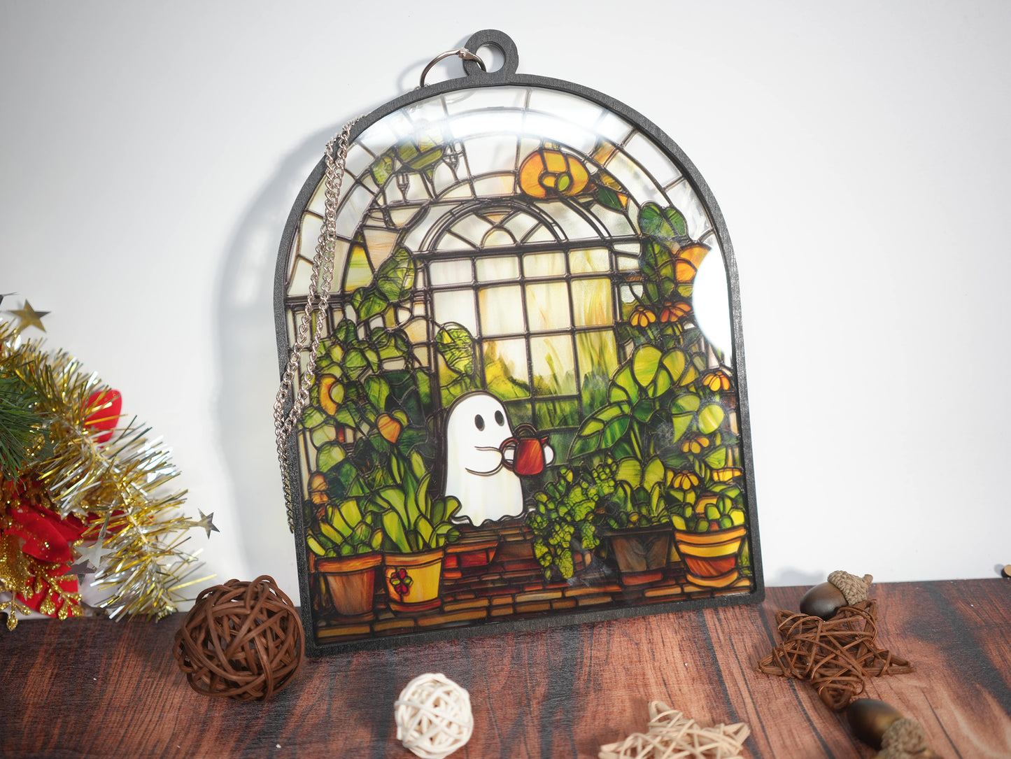 Cute Ghost at Greenhouse Halloween Suncatcher, Cute Ghost Window Hanging Decor