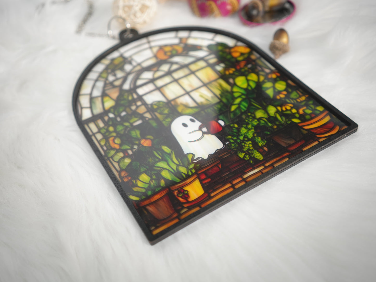 Cute Ghost at Greenhouse Halloween Suncatcher, Cute Ghost Window Hanging Decor