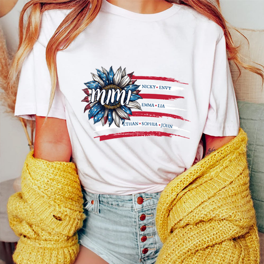 Personalized Grandma And Kids American Sunflower Shirt, Nana T-Shirt With Grandkid Names, Nana 4th July USA Shirt From Kids