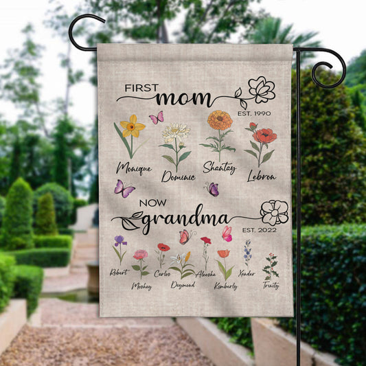 Personalized First Mom Now Grandma Birth Month Flowers Flag